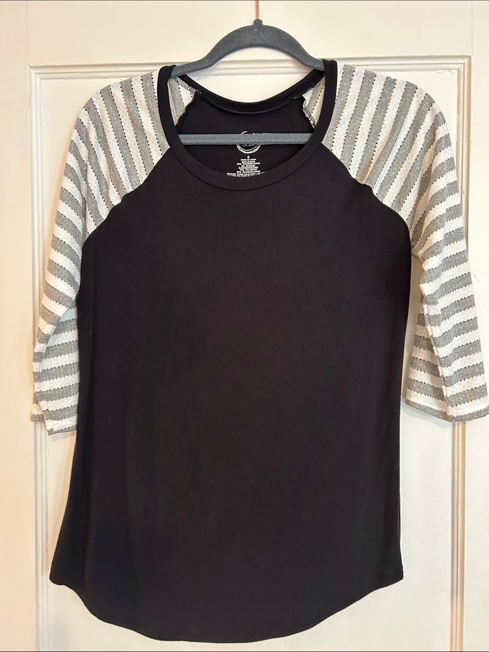 Maurices Black Raglan Top with Gray & White Striped Sleeves